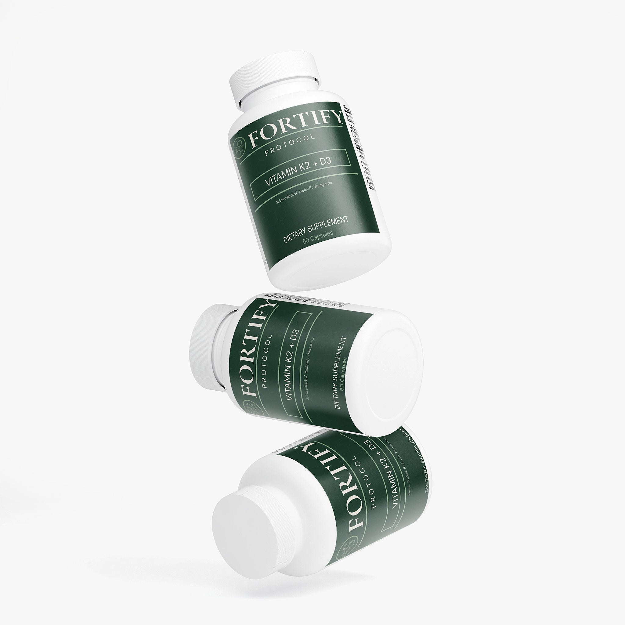 Fortify Protocol Vitamin K2+D3 Bone & Heart Support - Three Bottles Floating