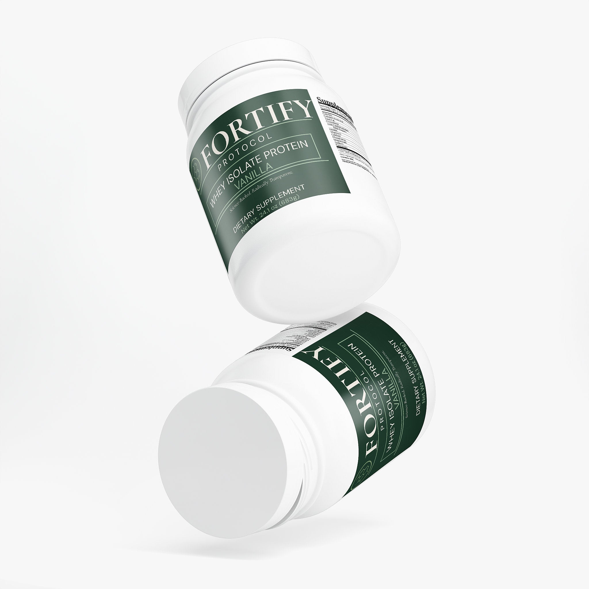 Fortify Protocol Whey Protein Isolate Vanilla - Two Tubs Floating