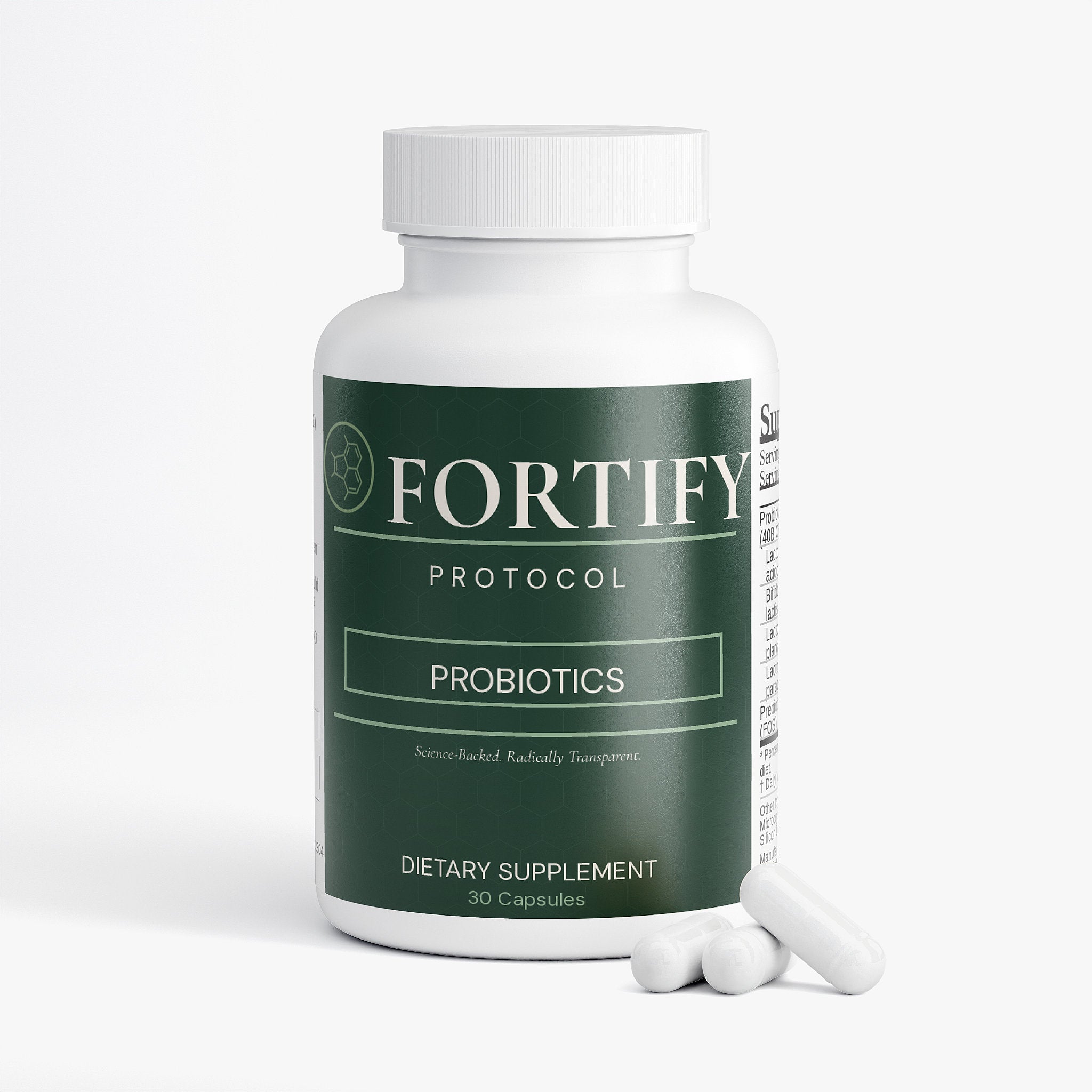 Fortify Protocol Probiotics 40 Billion CFU - Front View with Capsules
