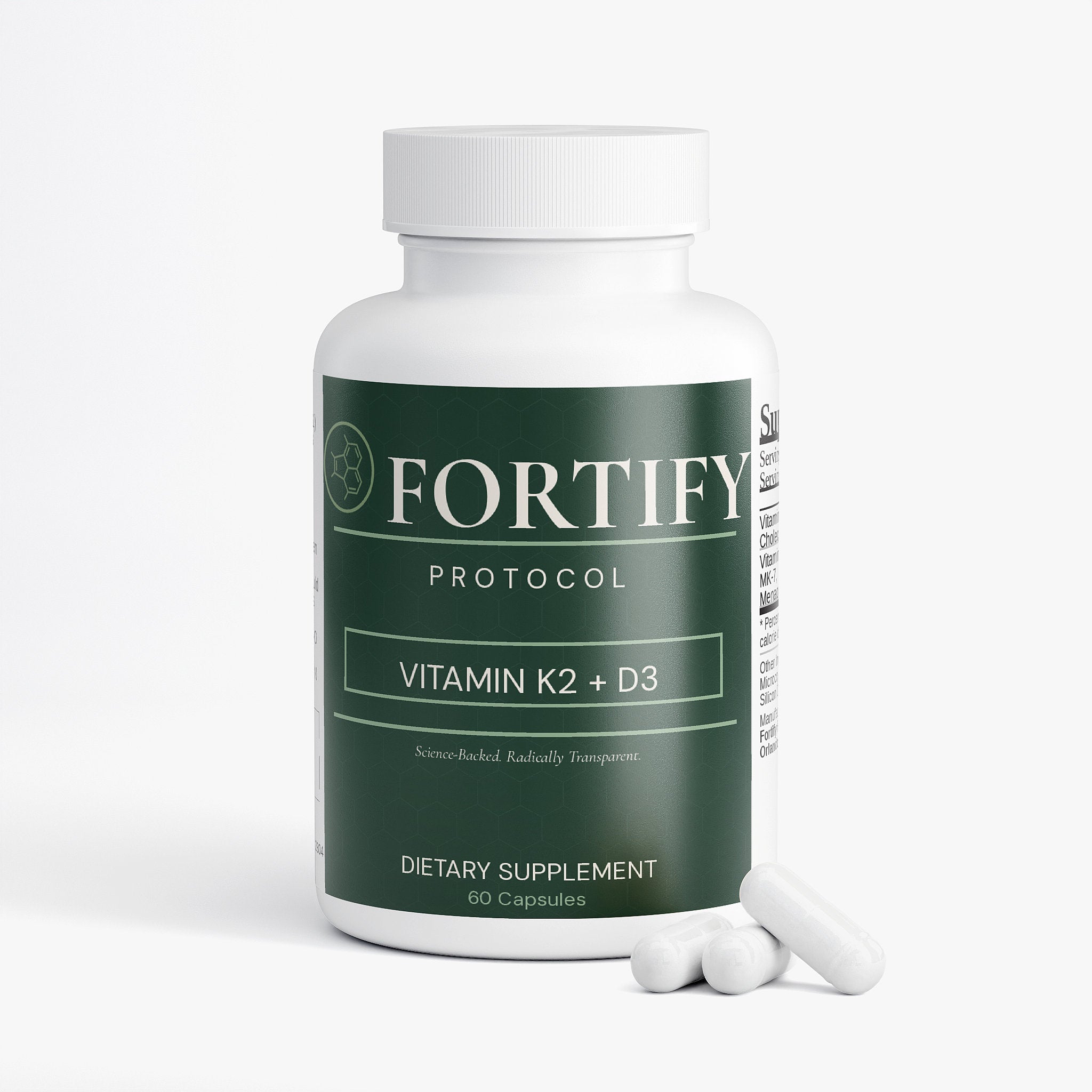 Fortify Protocol Vitamin K2+D3 Bone & Heart Support - Front View with Capsules