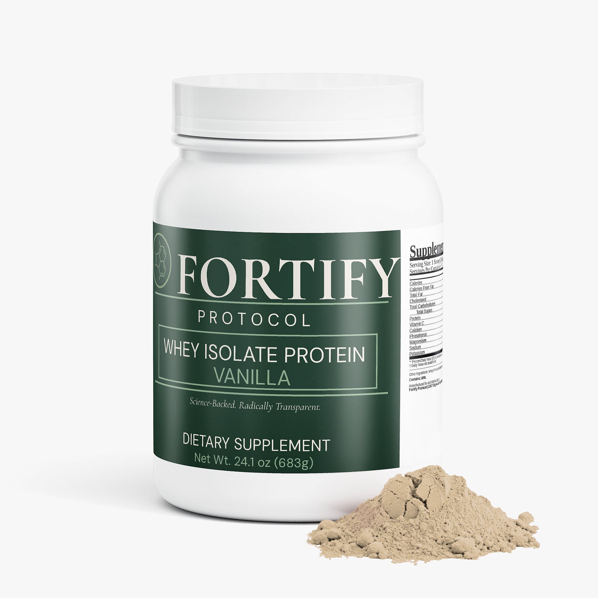 Fortify Protocol Whey Protein Isolate Vanilla - Front View with Powder