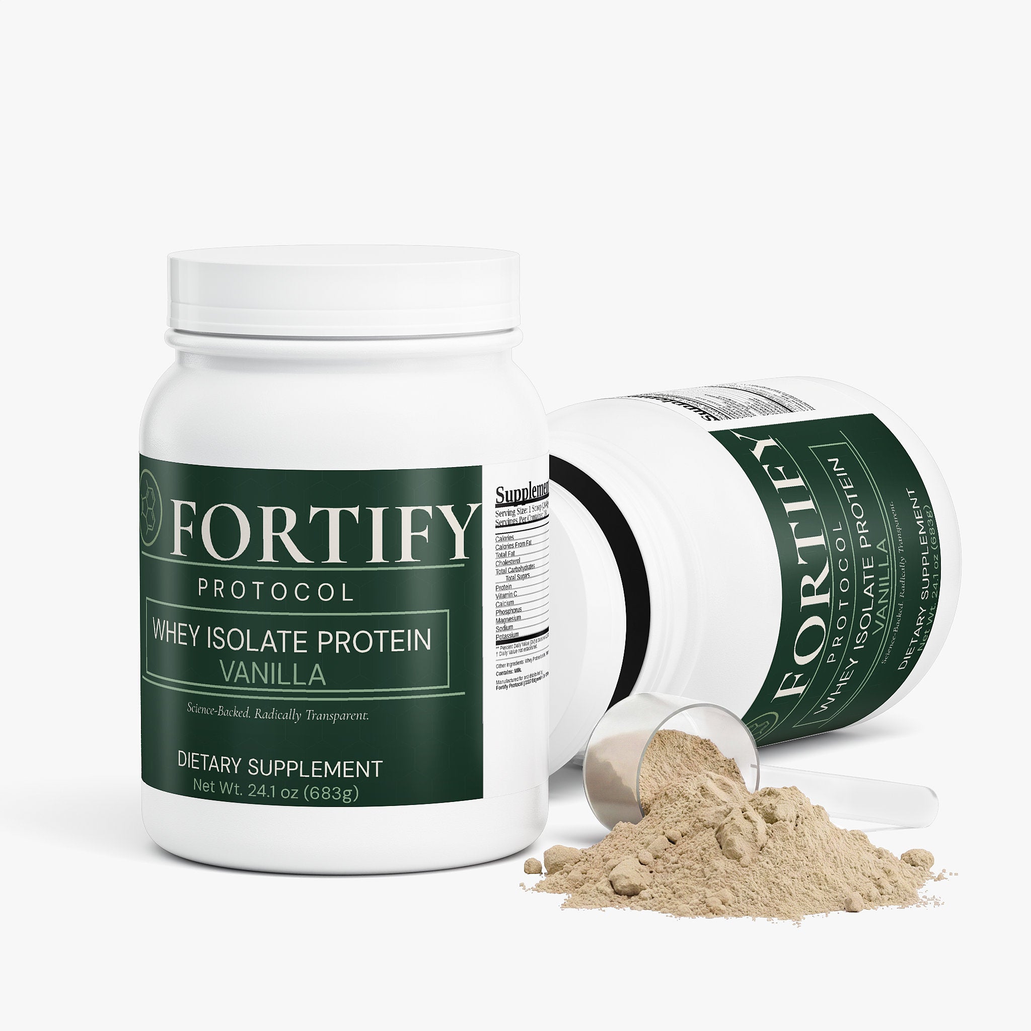 Fortify Protocol Whey Protein Isolate Vanilla - Two Tubs Open with Scoop