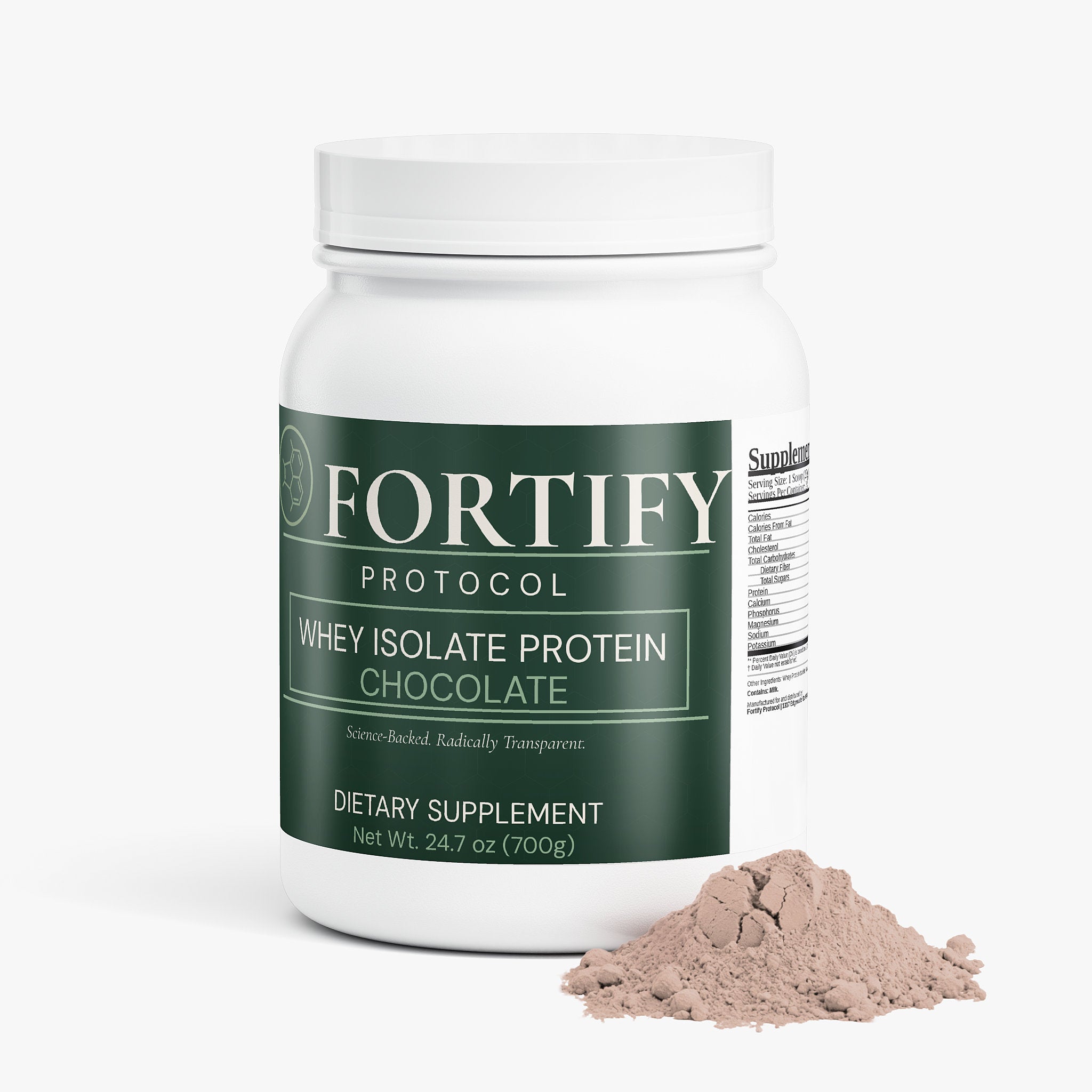 Fortify Protocol Whey Protein Isolate Chocolate - Front View with Powder