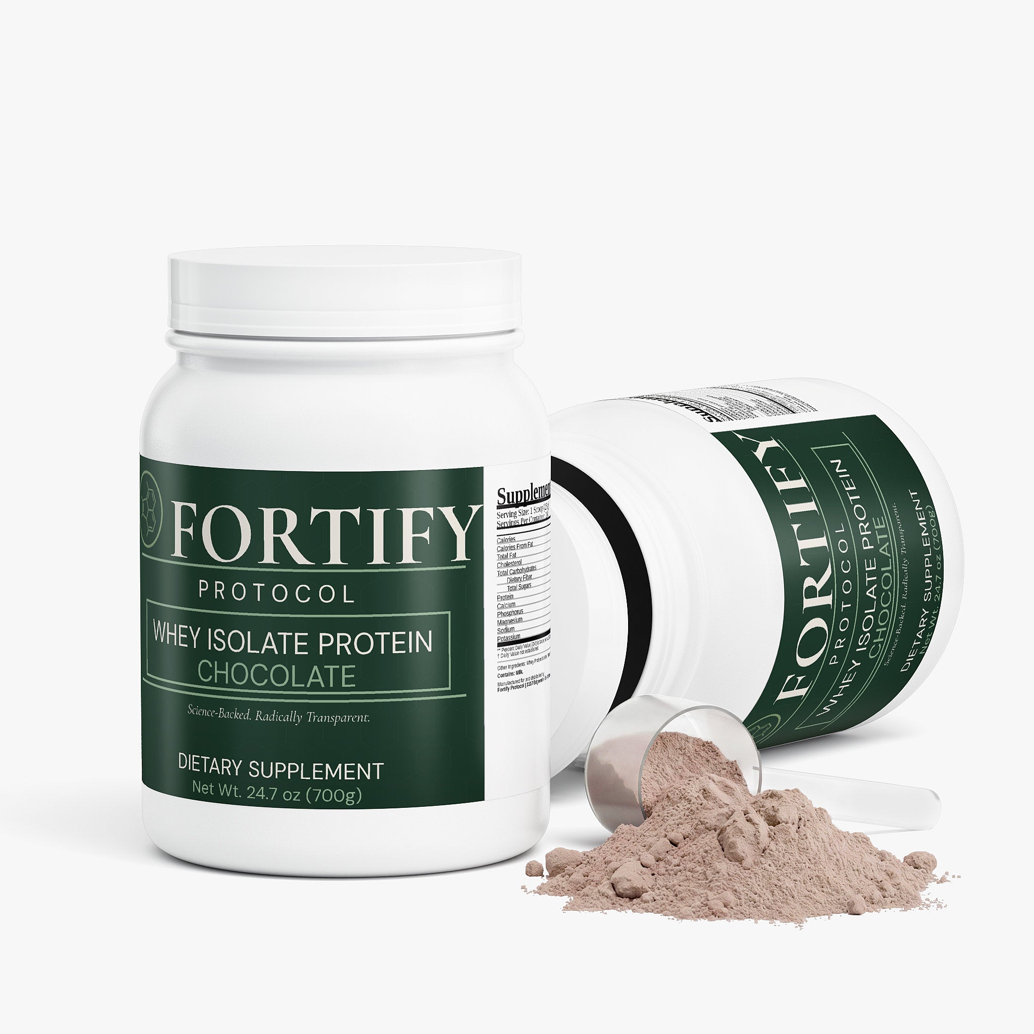 Fortify Protocol Whey Protein Isolate Chocolate - Two Tubs Open with Scoop